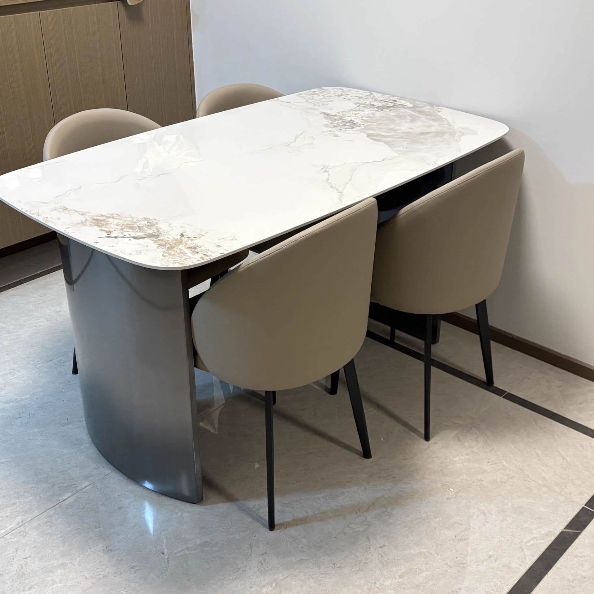 Retro Slate Dining Table Set with Dual-base, Upholstered Chairs, Back, and White Top - image 3