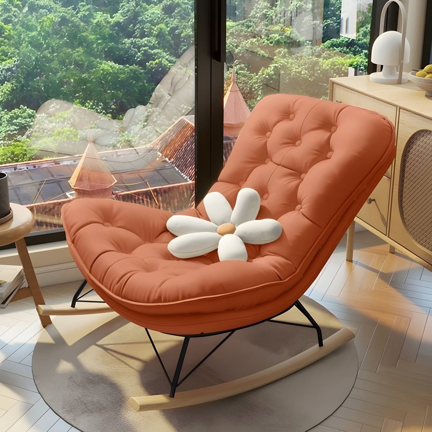 Contemporary Rocking Chair with Spindle Back, Tufted Upholstered and Wood Legs - image 5