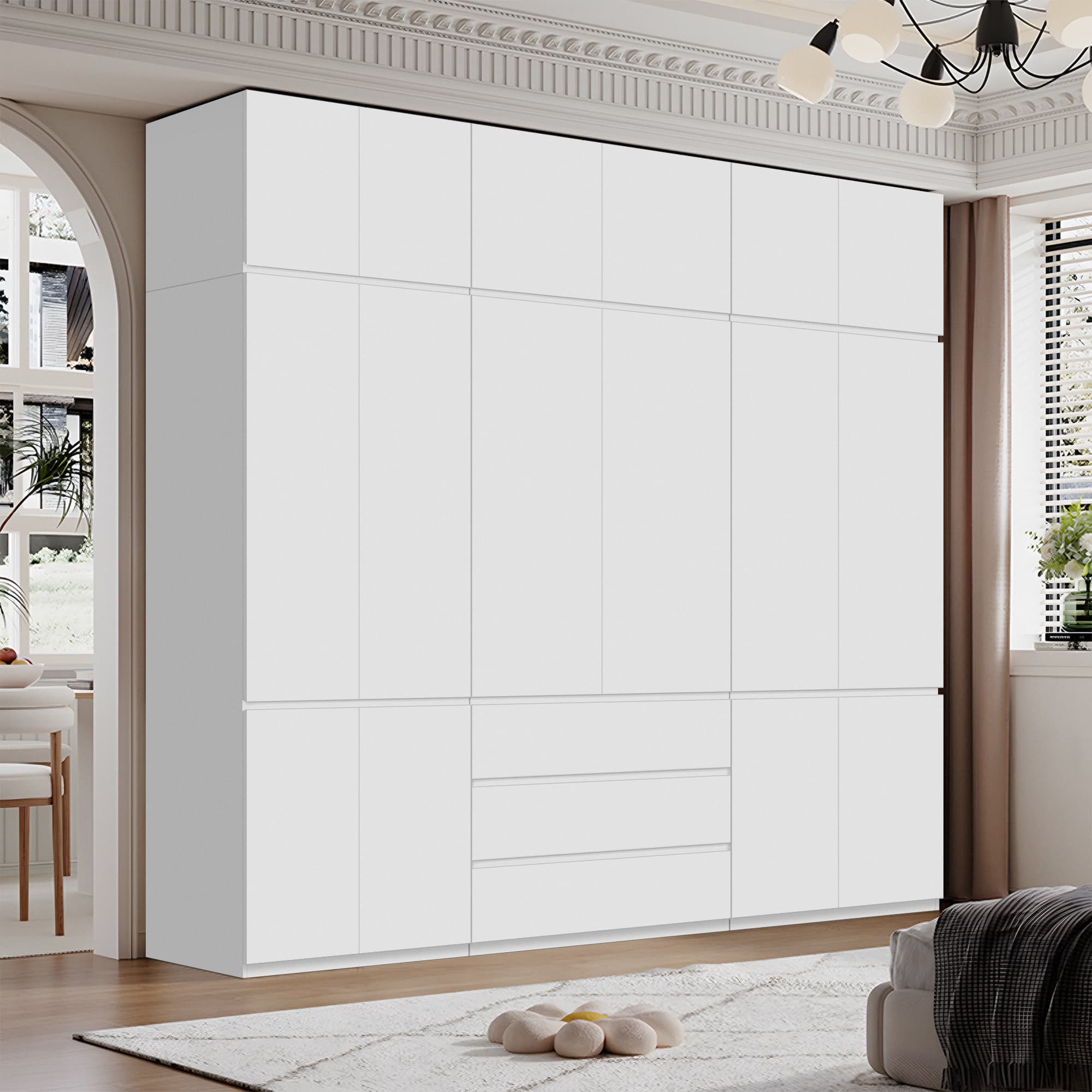White Contemporary Alloy Cabinet Armoire with 3/6/9 Drawers, Flexible Shelf, and Hanging Rod