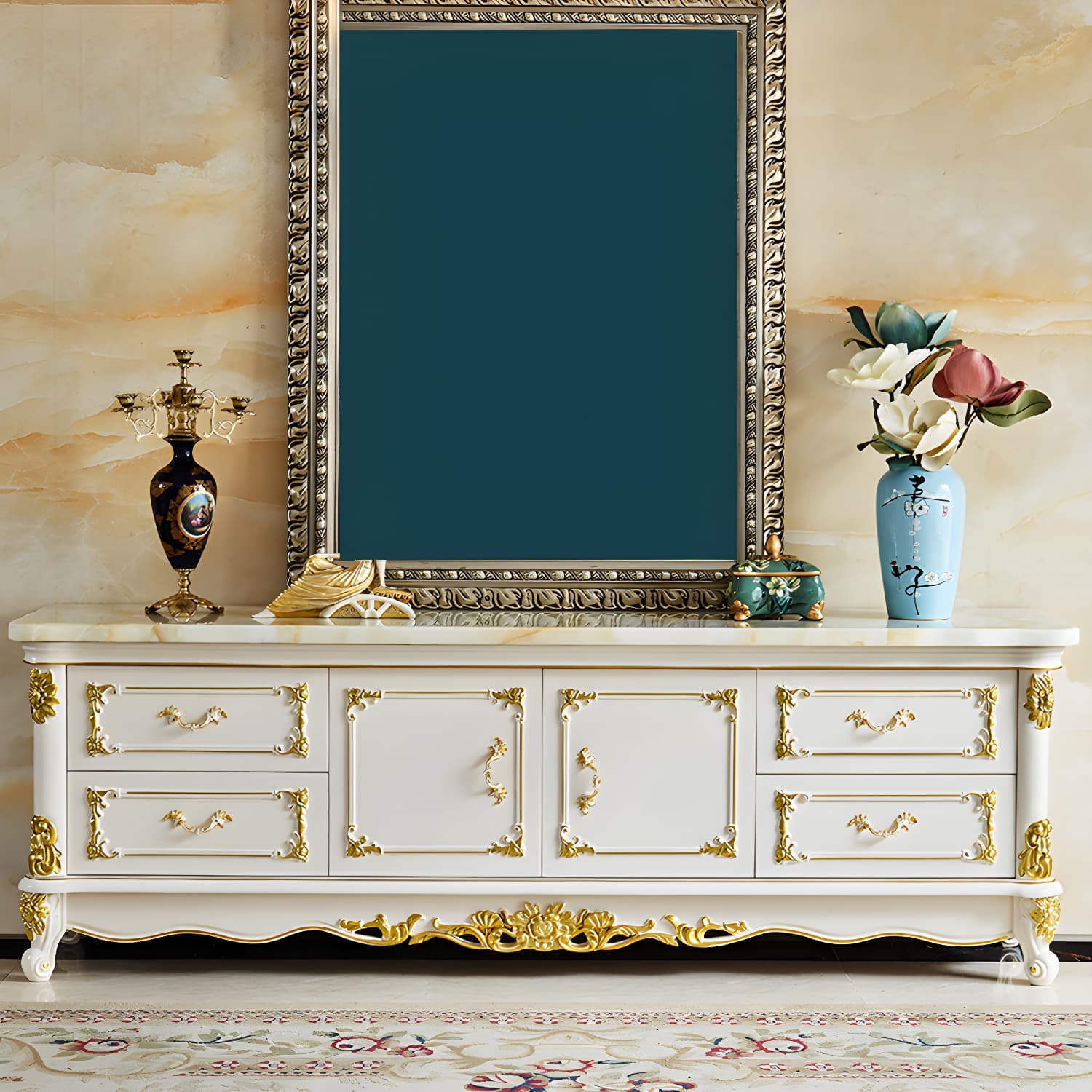 4 Drawers Contemporary Media Console Wood White TV Stand Console