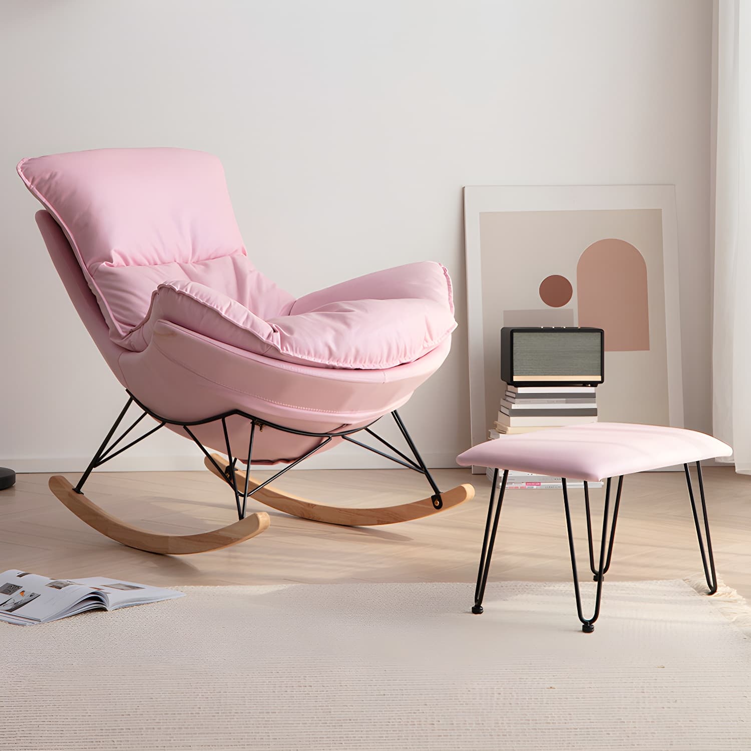 Rocking Chair Fabric Houndstooth Scratch Resistant Rocking Chair with Ottoman - image 8