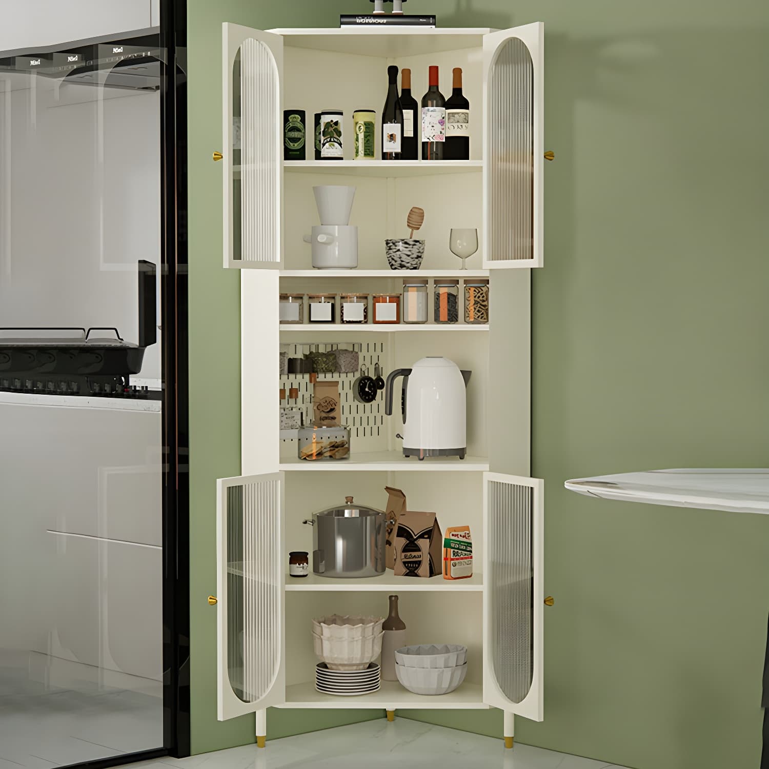 Corner Scandinavian Accent Cabinet with Steel Base and Glass Doors, and Adjustable Shelves - image 6