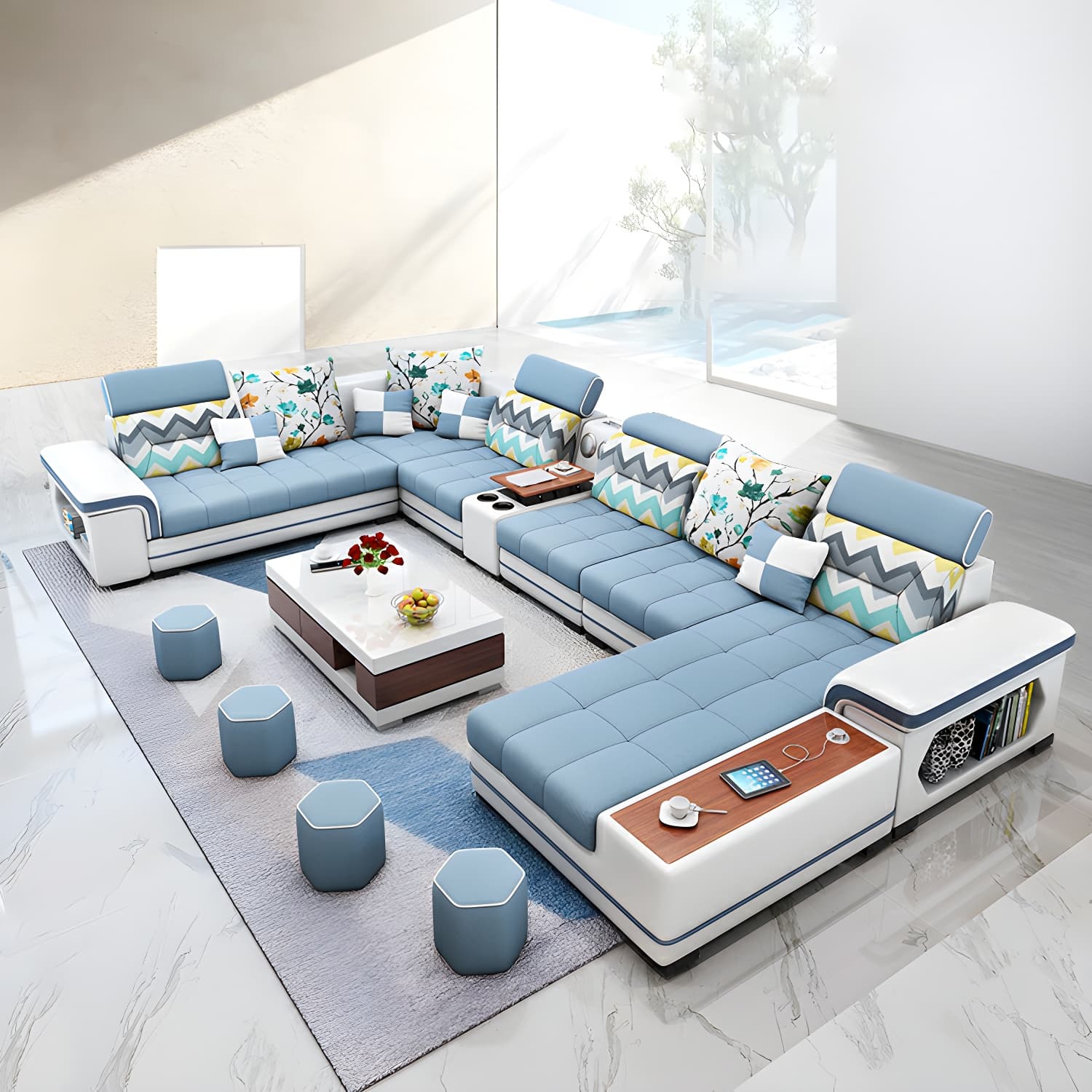Scandinavian Blue Sectional Sofa with Wood Frame, Cushion Back, and Storage Included with Shelves
