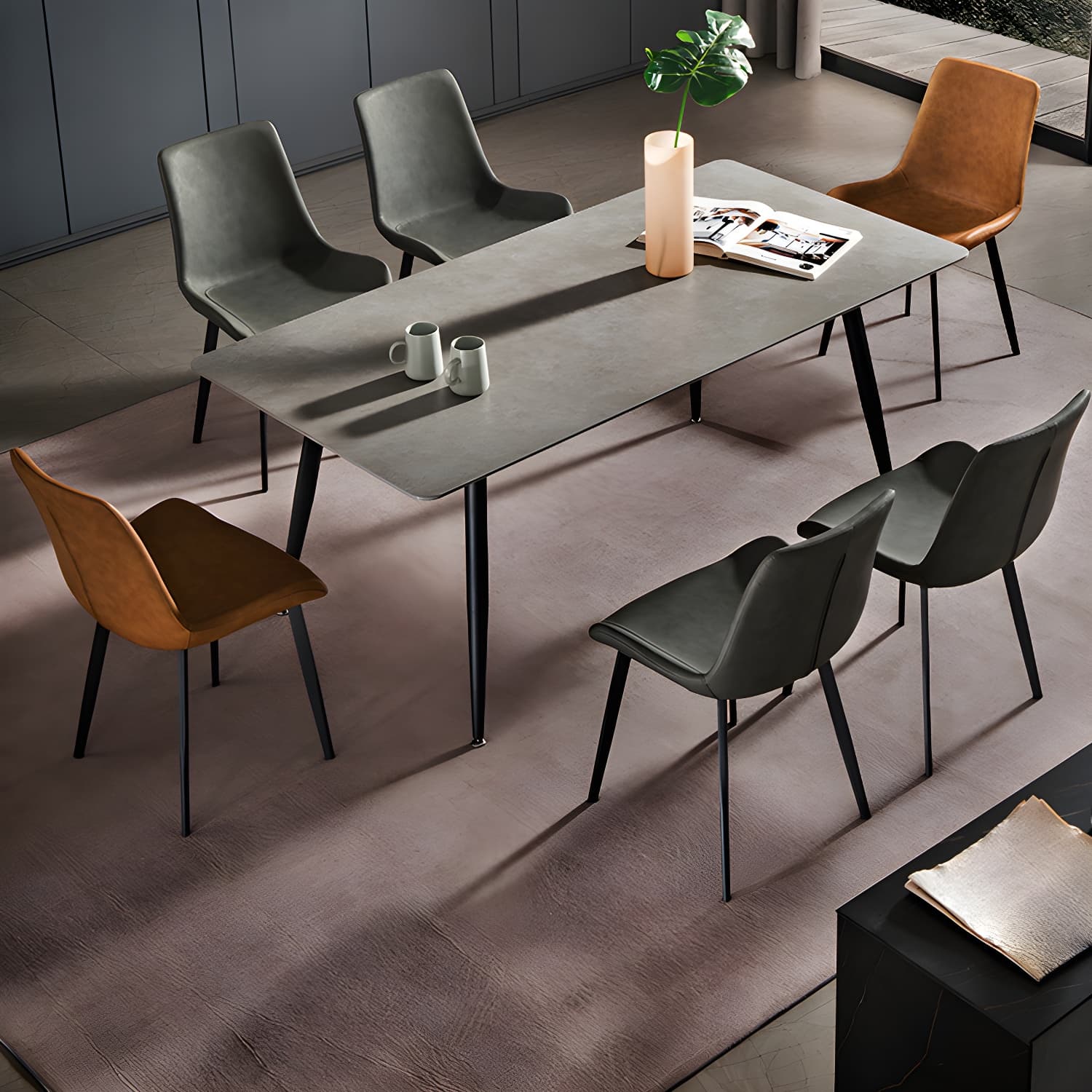 Sleek Rectangle Stone Dining Table with Black Steel Legs, Scratch Resistant - image 3