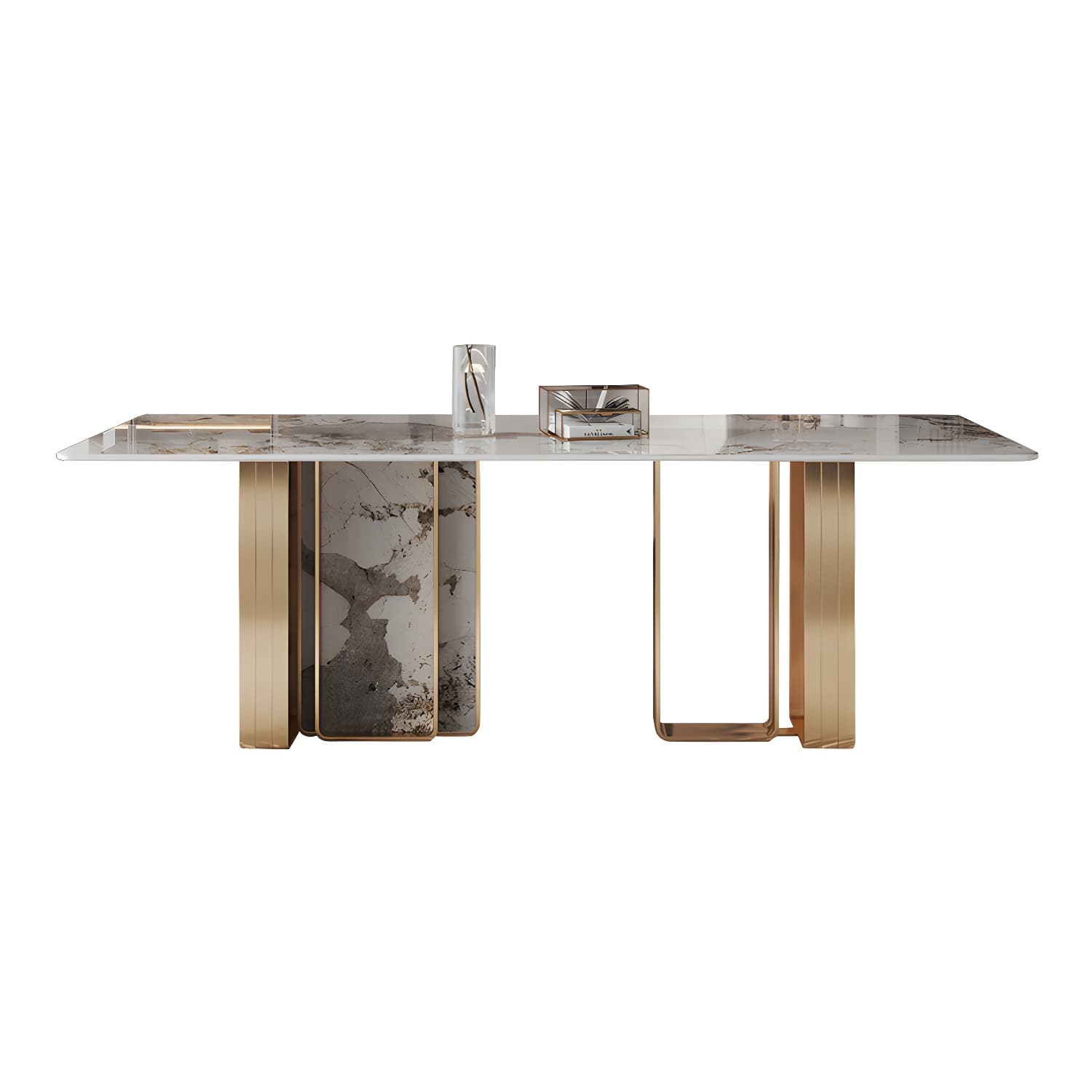 1/4/5/9 Pieces Rectangle Glam Furniture Stone Dining Table Set with Double Pedestal Base - image 5
