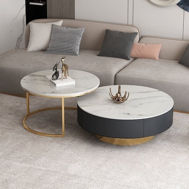 Elegant Gold Metal Drum Coffee Table with Stone Top and Storage Drawers - image 4