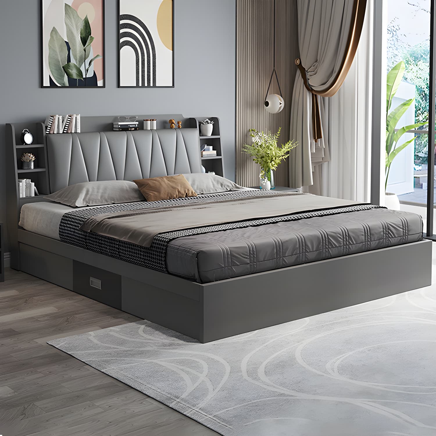 Modern Wood Panel Bed with Upholstered Headboard and Built-In Drawers - image 3