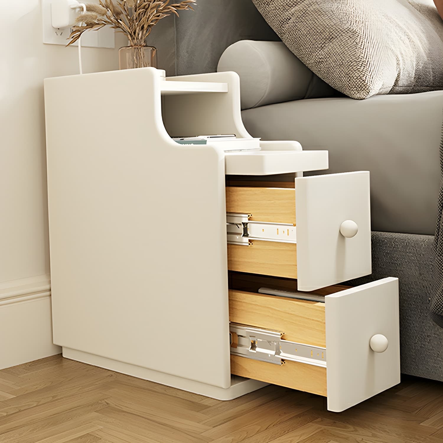 Modern Wood Open Storage Nightstand in Narrow Design with Drawers - image 5