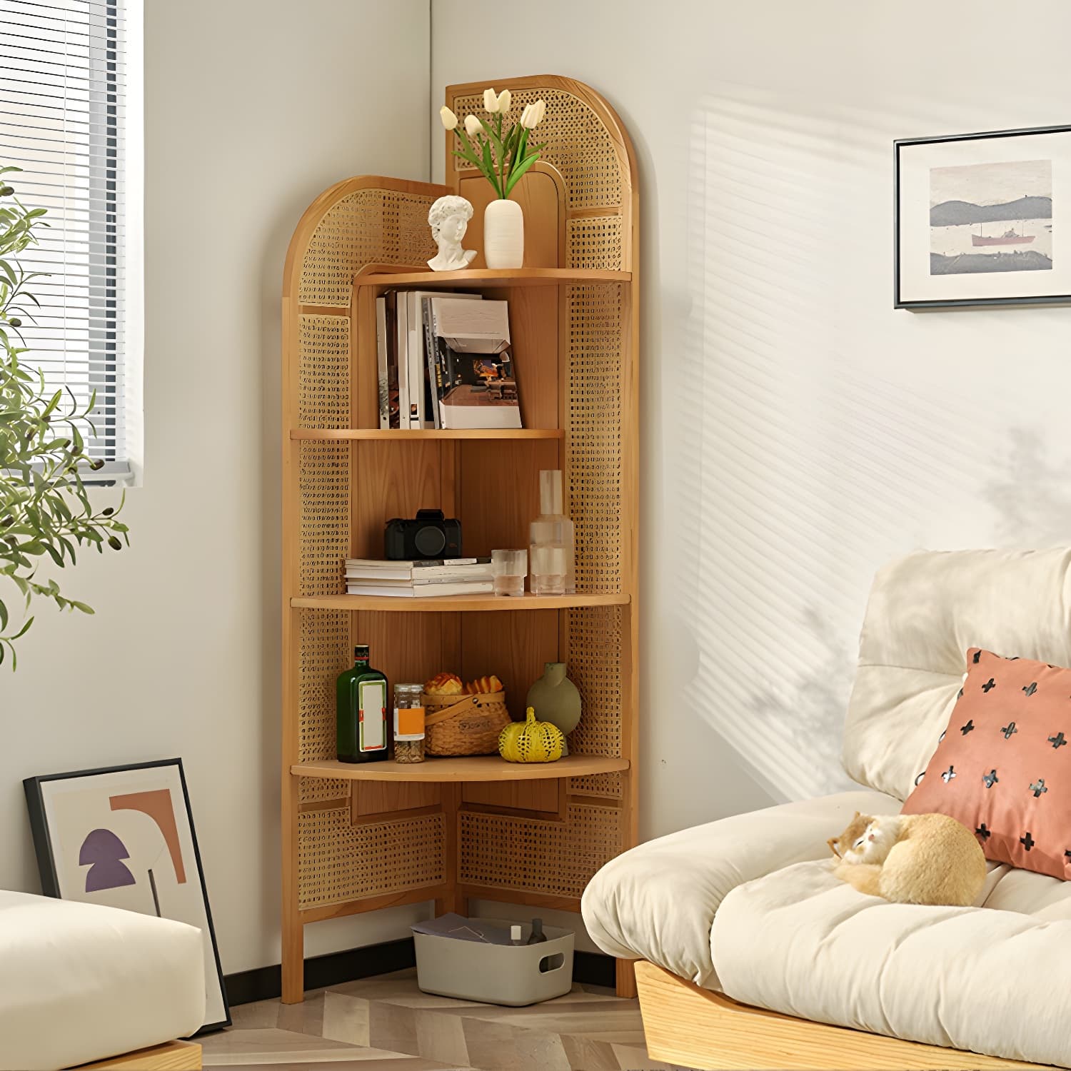Corner Scandinavian Accent Chest with Wood Countertop and 4 Shelves, Ash Wood Species, Straight Legs - image 6
