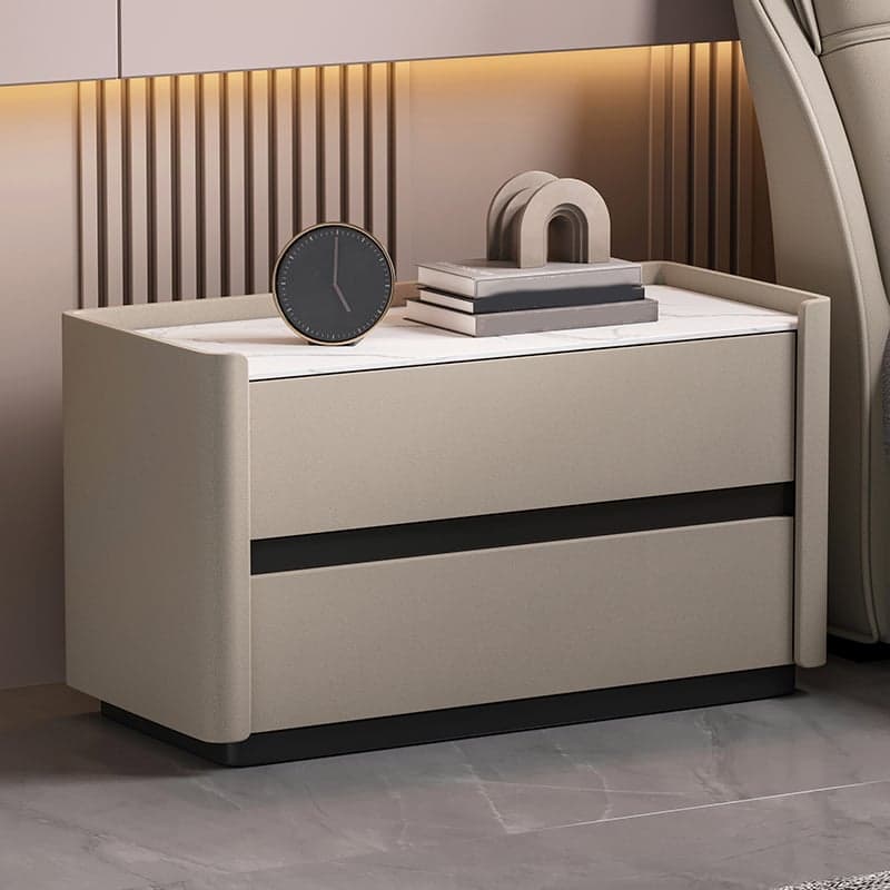 Modern Faux Leather Nightstand with 2 Drawers in Stone Countertop - image 4