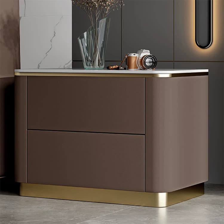 Contemporary Faux Leather Nightstand with Drawer Storage and Stone Countertop