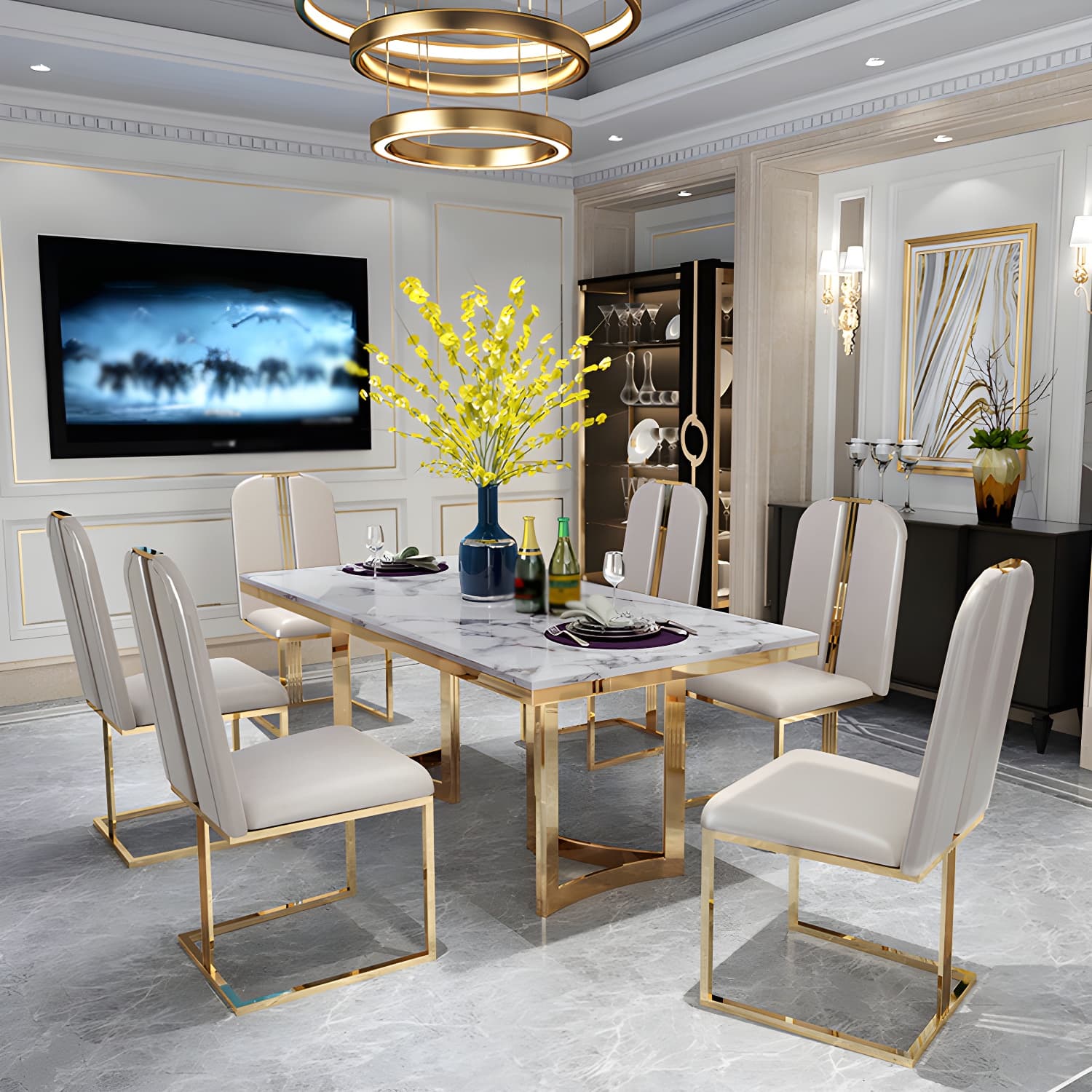 Traditional Luxury Dining Table Rectangle Double Pedestal Table with Gold Frame - image 12