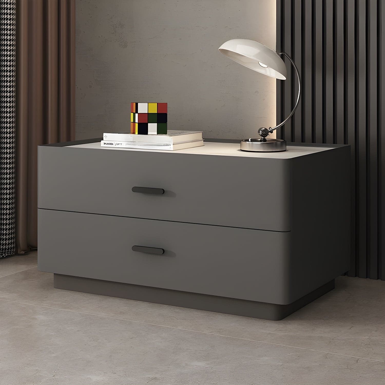 Elegant Two-Drawer Faux Leather Nightstand with Stone Countertop in Low Height for Modern Homes - image 3