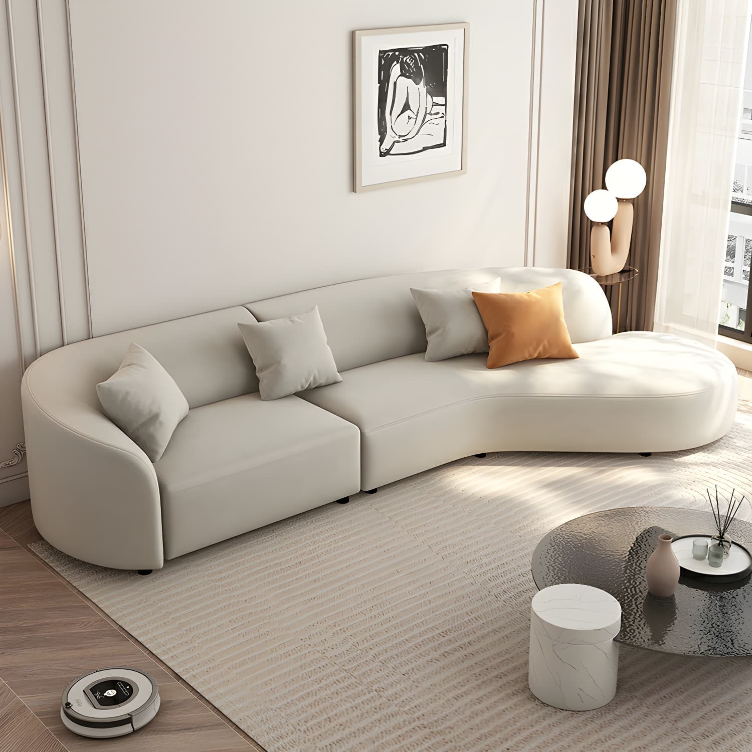 Modern Beige Tech Cloth Stationary Sectional Sofa with Wood Frame and Flared Arms - image 11