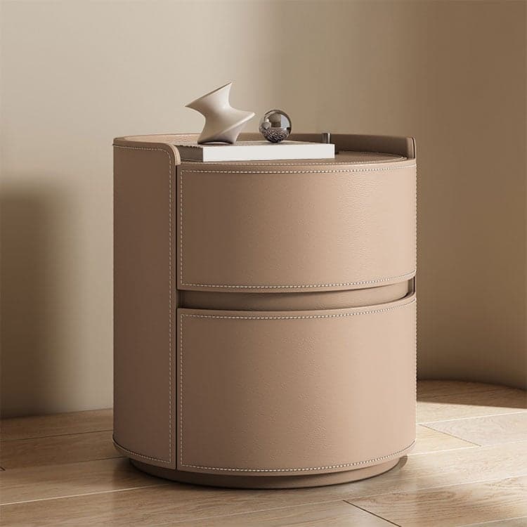 Chic Modern Round Nightstand with Light Wood Tone Faux Leather and Numerate Two Drawer Storage - image 5