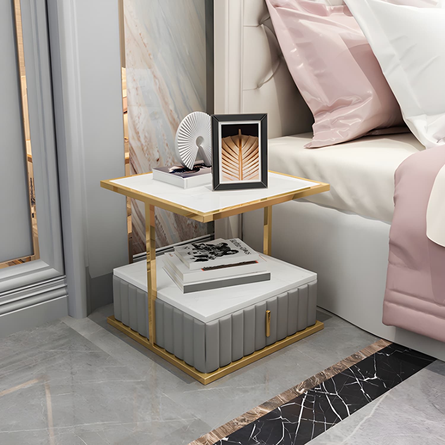 Modern Open Storage Nightstand Stone Top 20 Inch Tall 1-Drawer Night Table - image 11