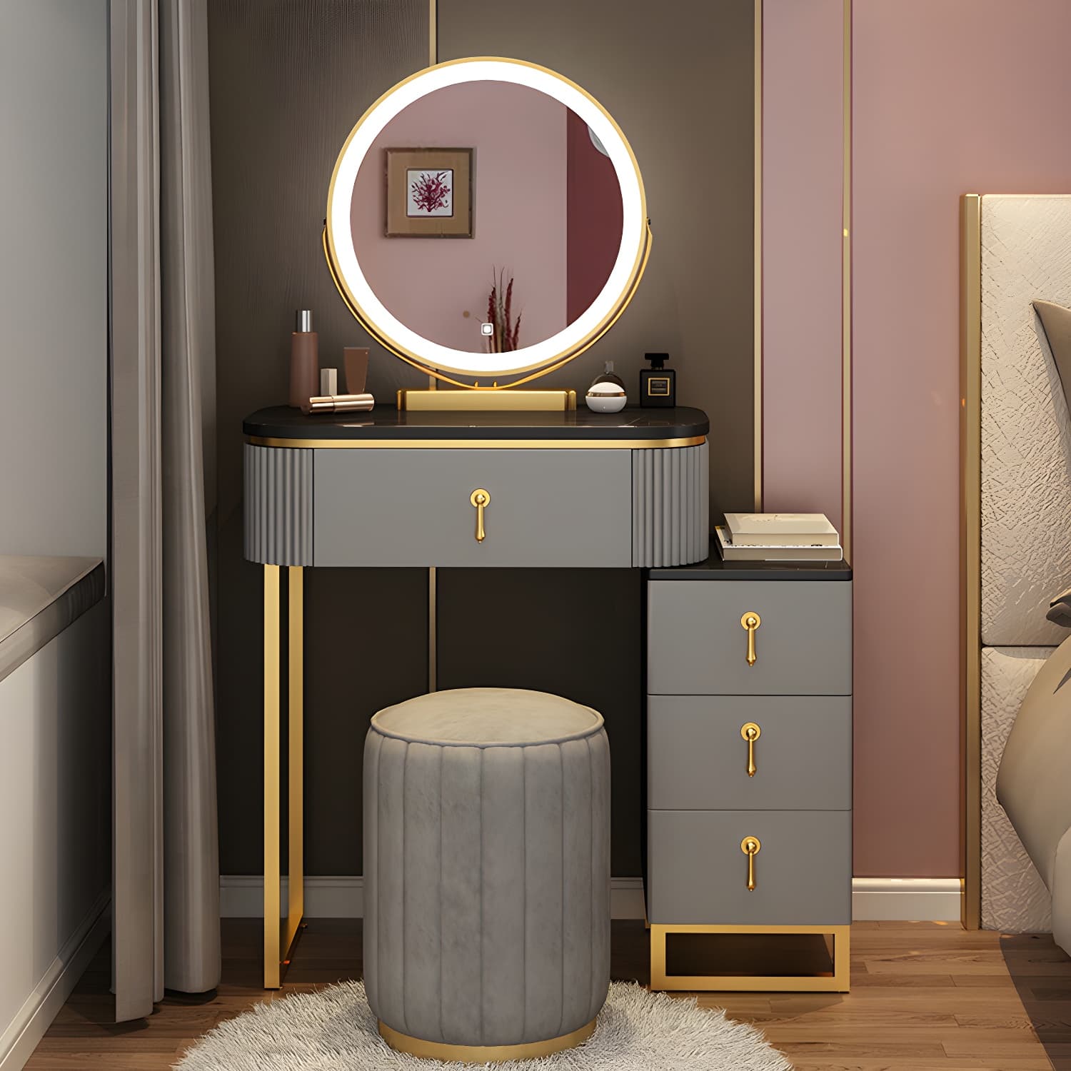Lighted Mirror Makeup Vanity Desk with 4 Drawers Glam Makeup Vanity Set