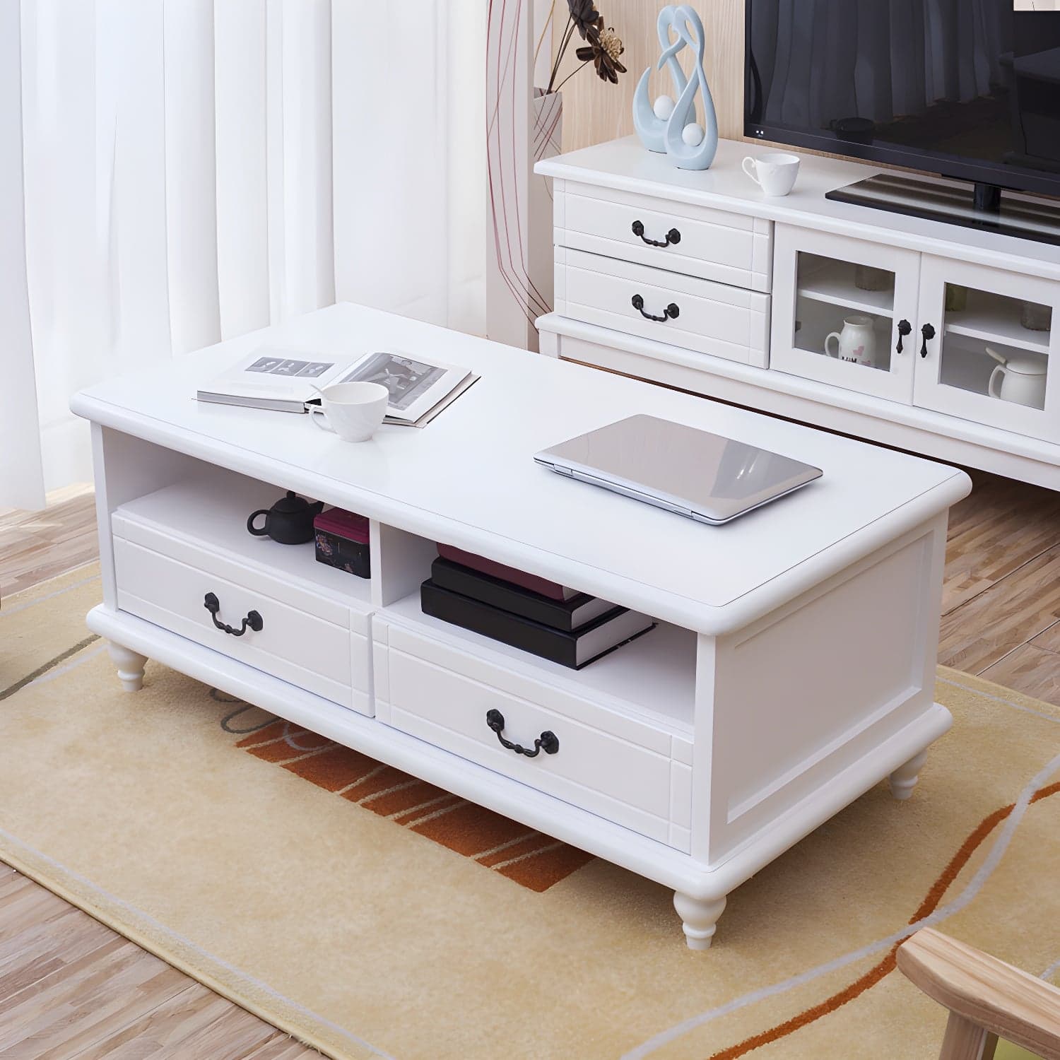 Modern Rectangular Wood Coffee Table with Drawers and Shelves for Stylish Storage - image 4