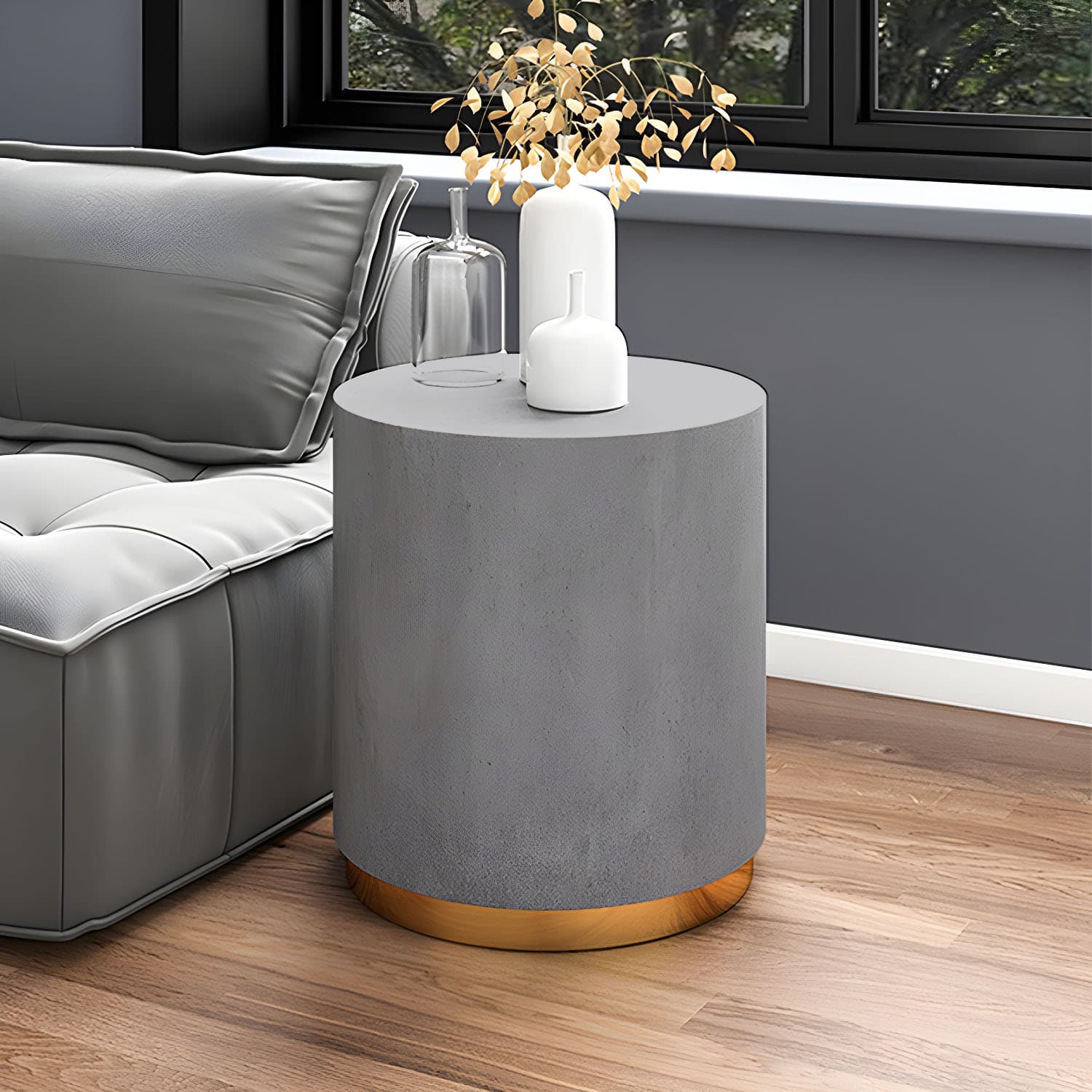 Drum Base Design Black/grey Faux Concrete Top Metal Base Round Coffee Table - image 15