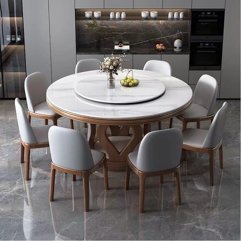Dining Table Set in Minimalist Style with White Slate Top, Stump Base, Padded Chair, and Back