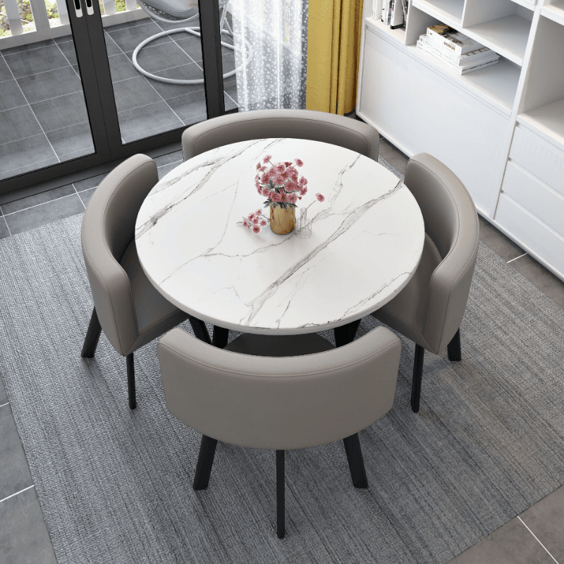 Minimalist Dining Table Set with Rounded Recycled Wood Top, Padded Chair, Back Seat, White Color - image 6