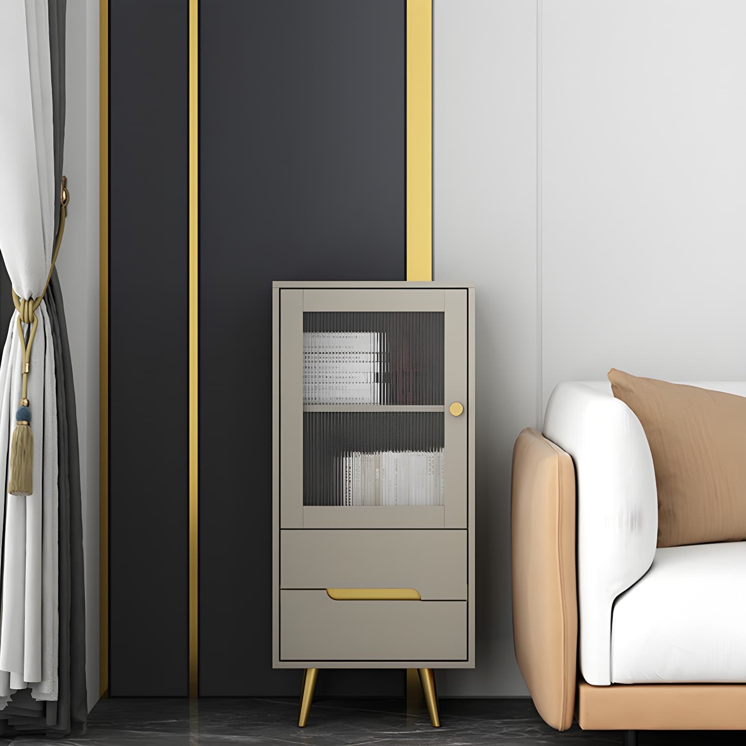 Modern Wooden Accent Cabinet with 2 Drawers and Glass Door Cabinet