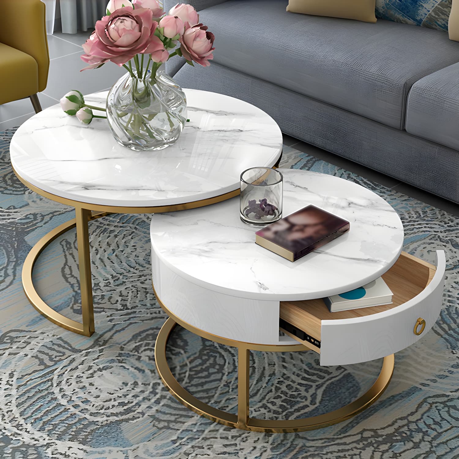 Round Frame Coffee Table Slate Nesting Coffee Table Set with Drawer - image 11