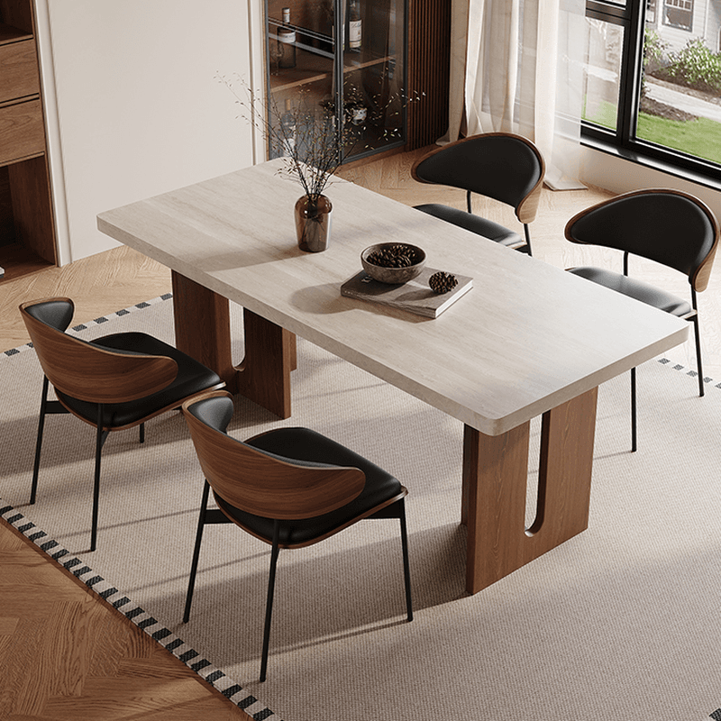 Minimalist Rectangular Slate Stone Dining Table Set with Two-sided Pedestal in Ivory - image 4