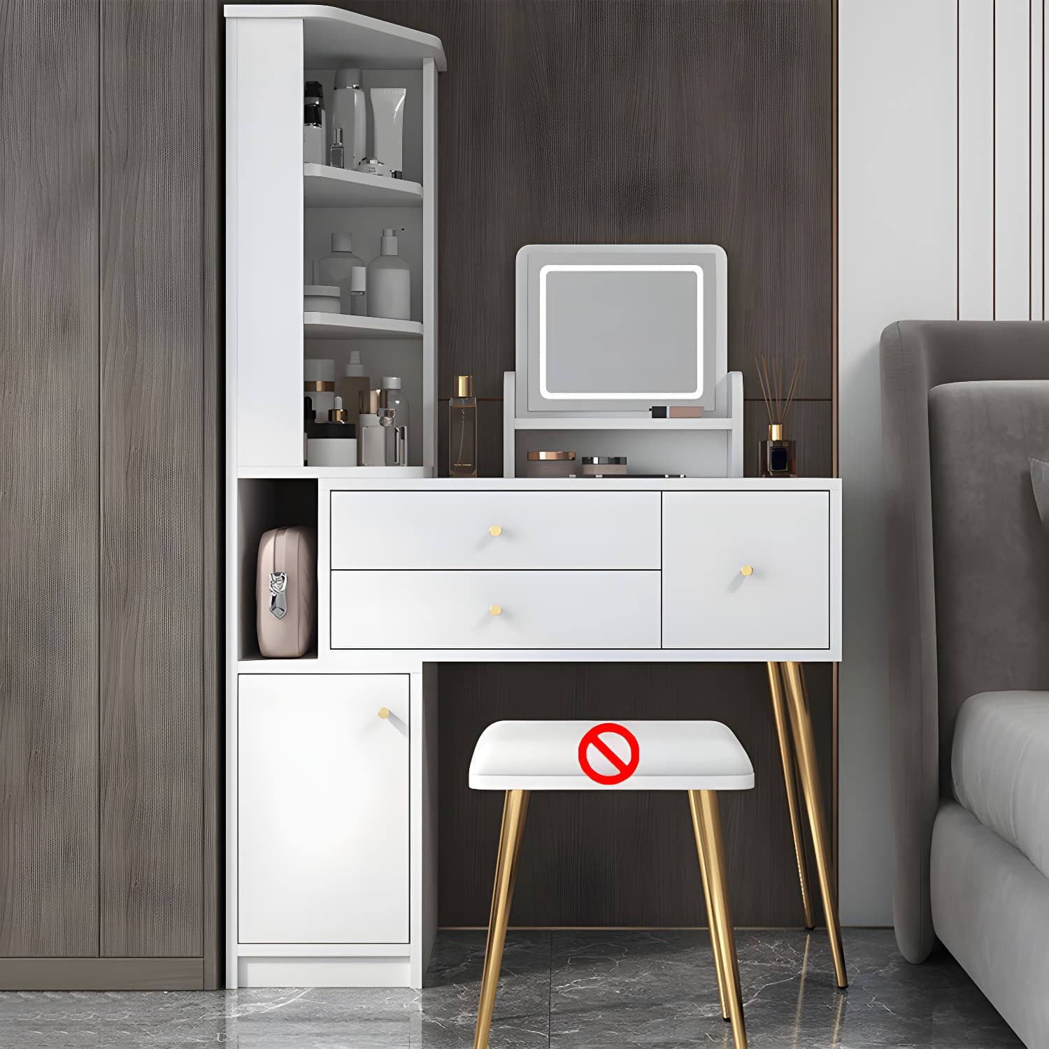 Glam Style Wood-based Material White/grey Dressing Table with Drawers and Storage Shelves