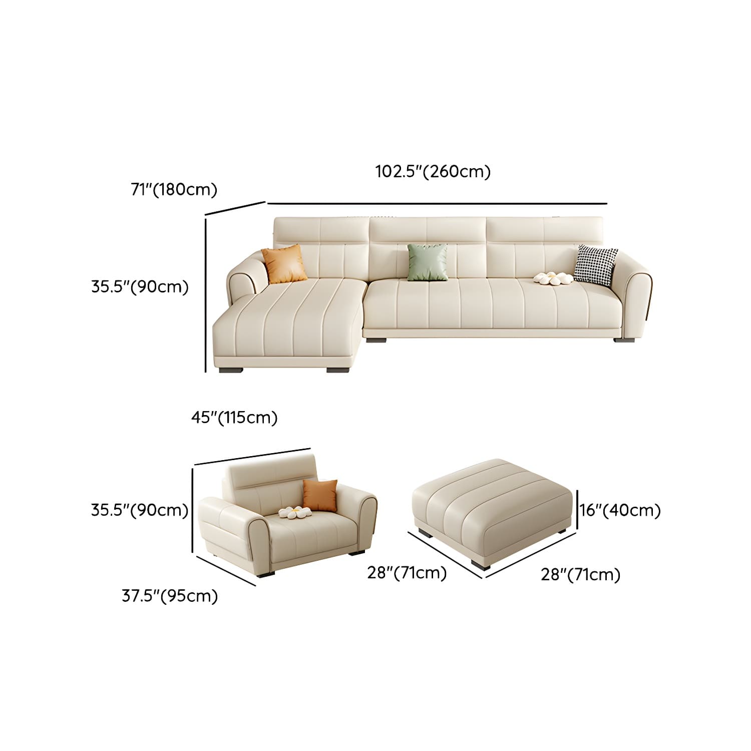 Scandinavian Wood Frame Beige Faux Leather Sectional with Cushion Back - image 24