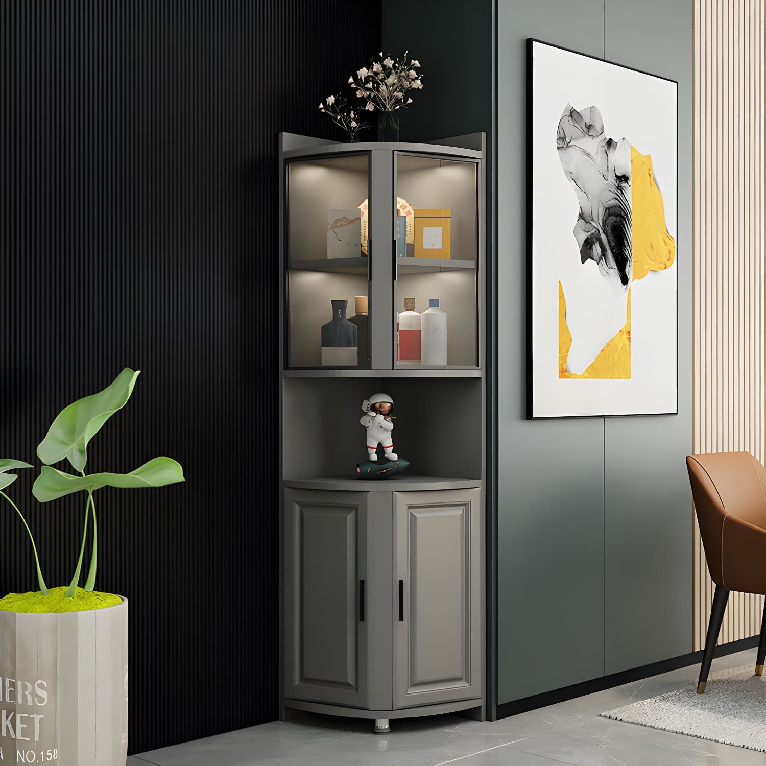 Gray Corner Accent Cabinet with Glass Doors and 8 Interior Shelves