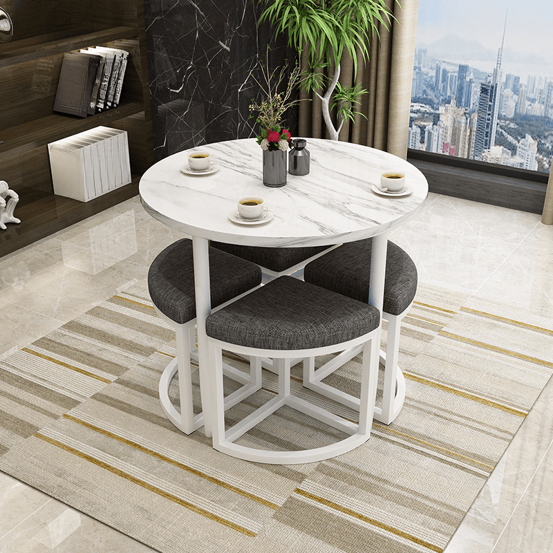 Reclaimed Wood Round Dining Table Set with Metal Toboggan Base and Upholstered Backless Chairs for 4 People - image 22
