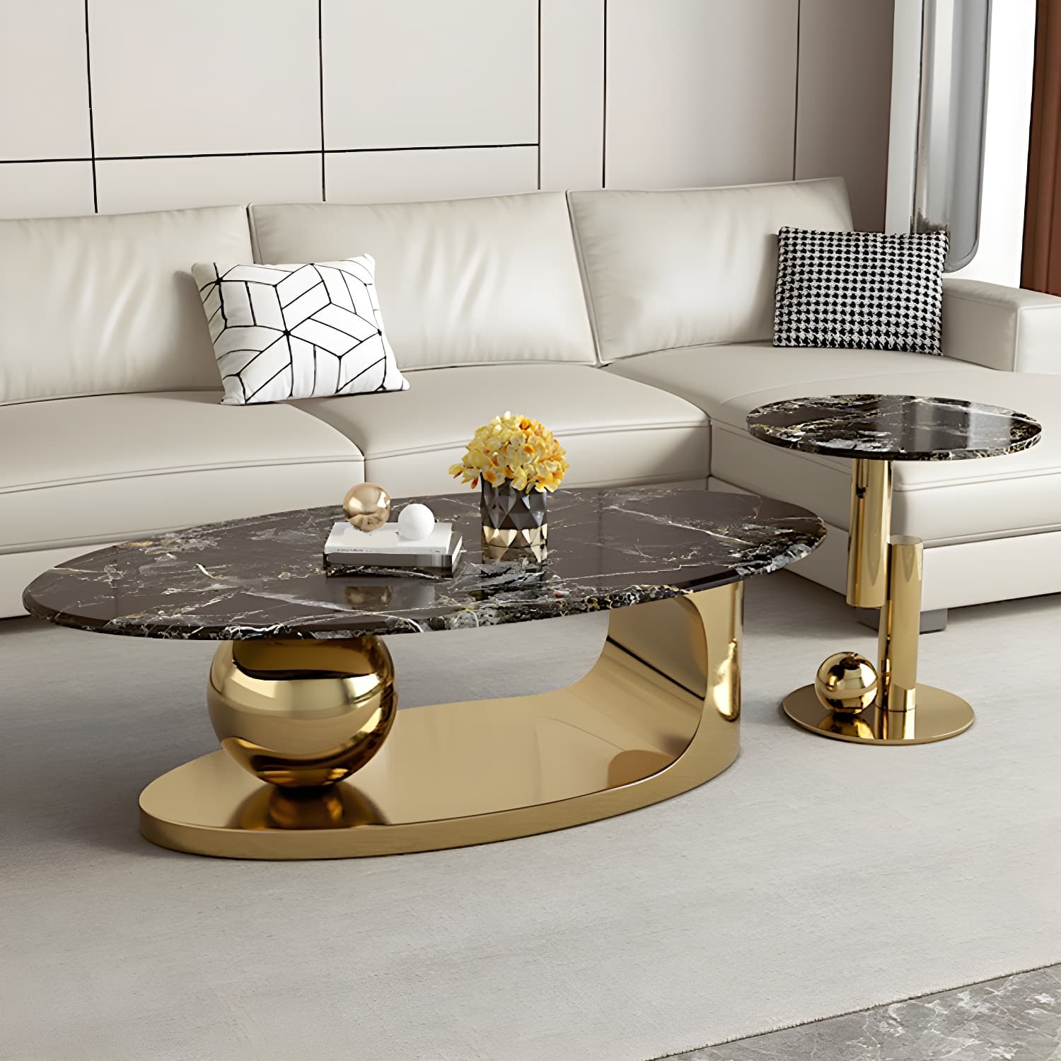 Chic Oval Stone Coffee Table - Modern Elegance with Metal Pedestal Base - image 12
