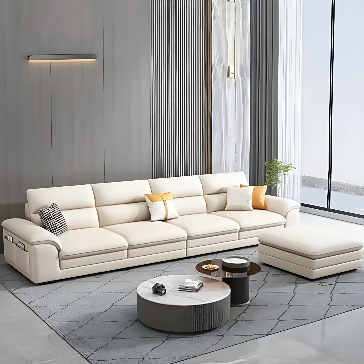 Modern Beige Stationary Sectional Sofa in Scratching Cloth with Wood Frame and Pillow Top Arms - image 4