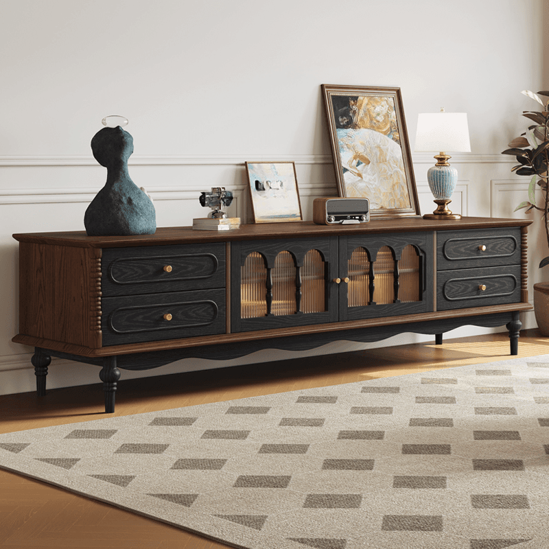 Art Deco Natural Wood TV Stand with 4 Drawers, Locker, Cable Management, and Adjustable Shelving - image 4