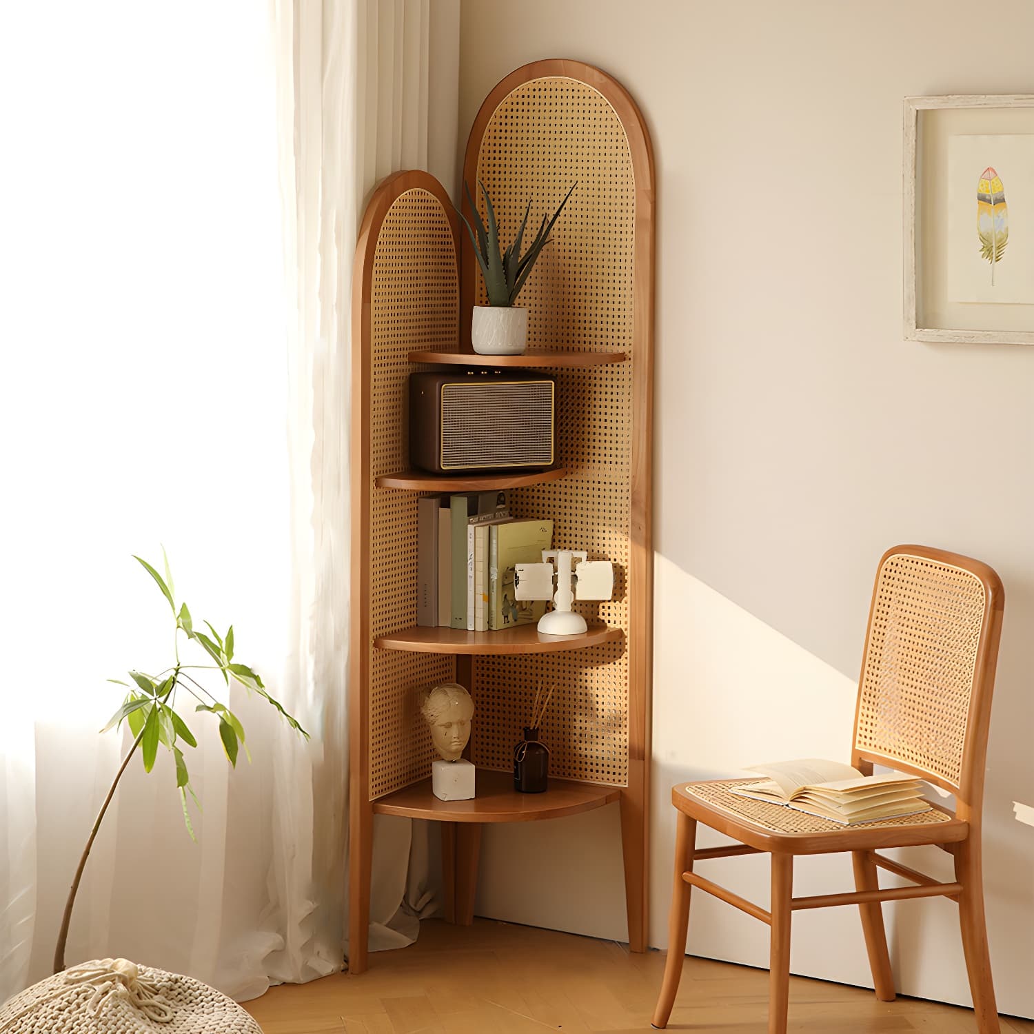 Scandinavian Corner Accent Chest with Natural Wood Counter Top and 4 Open Shelves