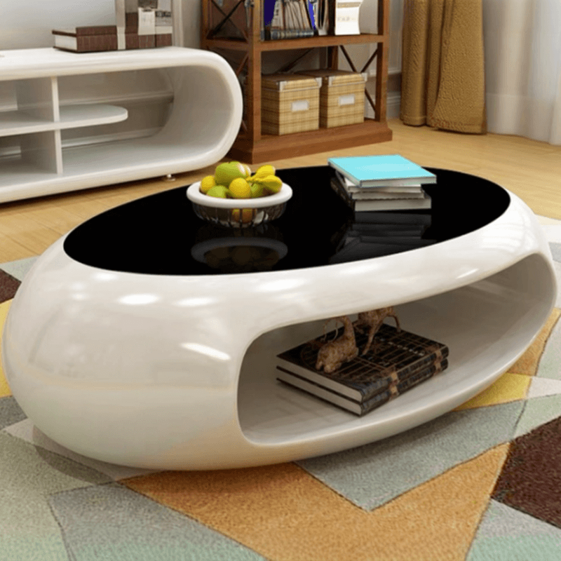 Simple Ink Oval/Rounded Hardened Glass Single Accent Table with Container & Abstract Base