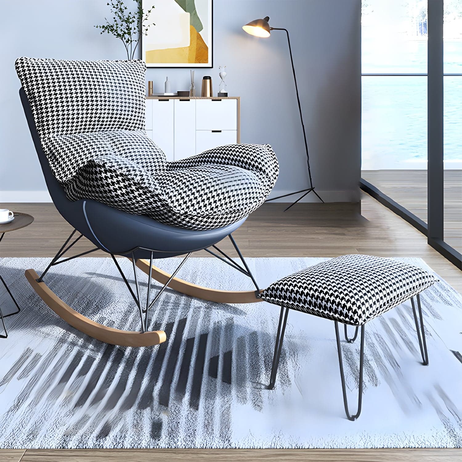 Contemporary Rocker Chair Antique Finish Rocking Chair with Ottoman - image 3