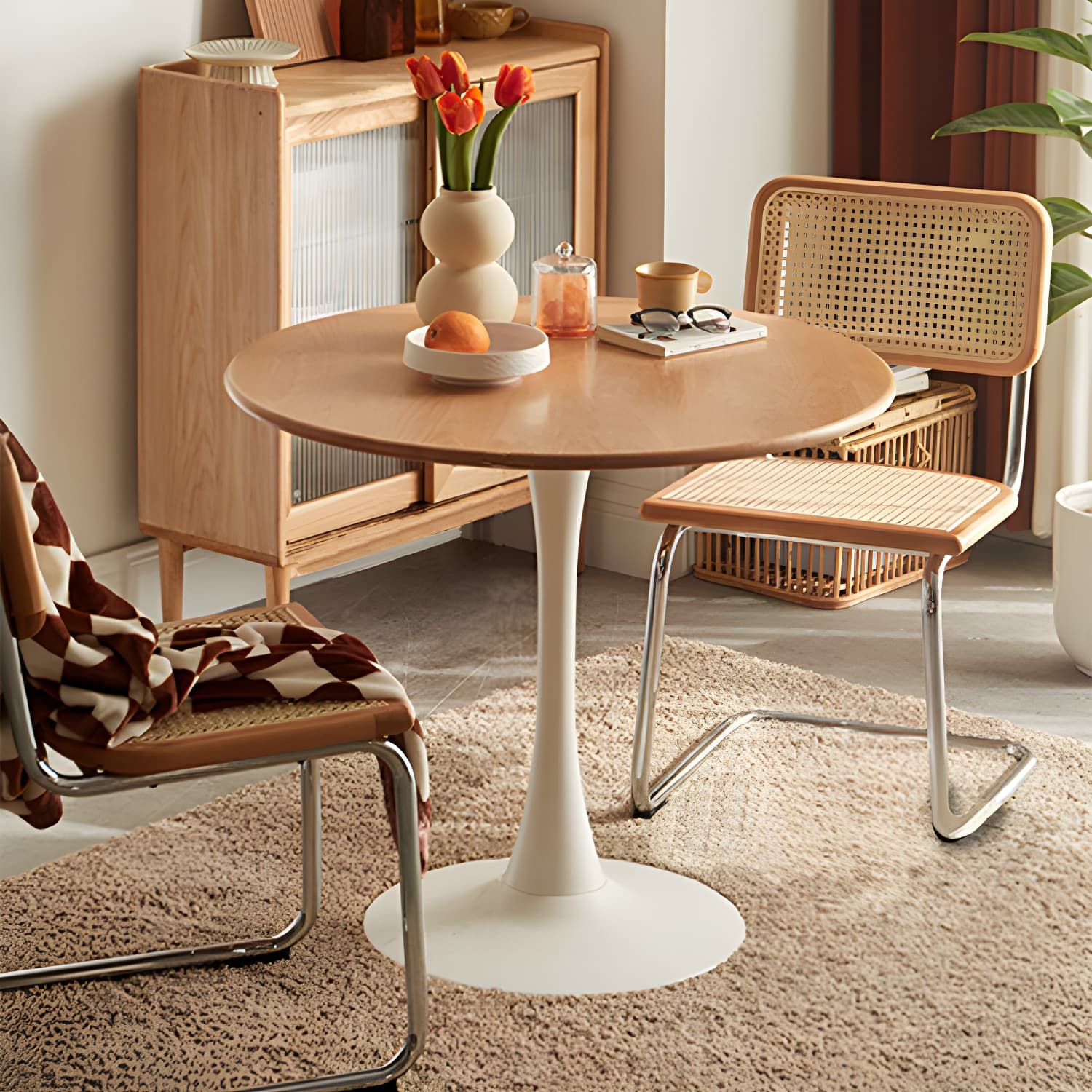 White Round Wood Dining Table with Steel Tulip Base, Modern Design - image 7