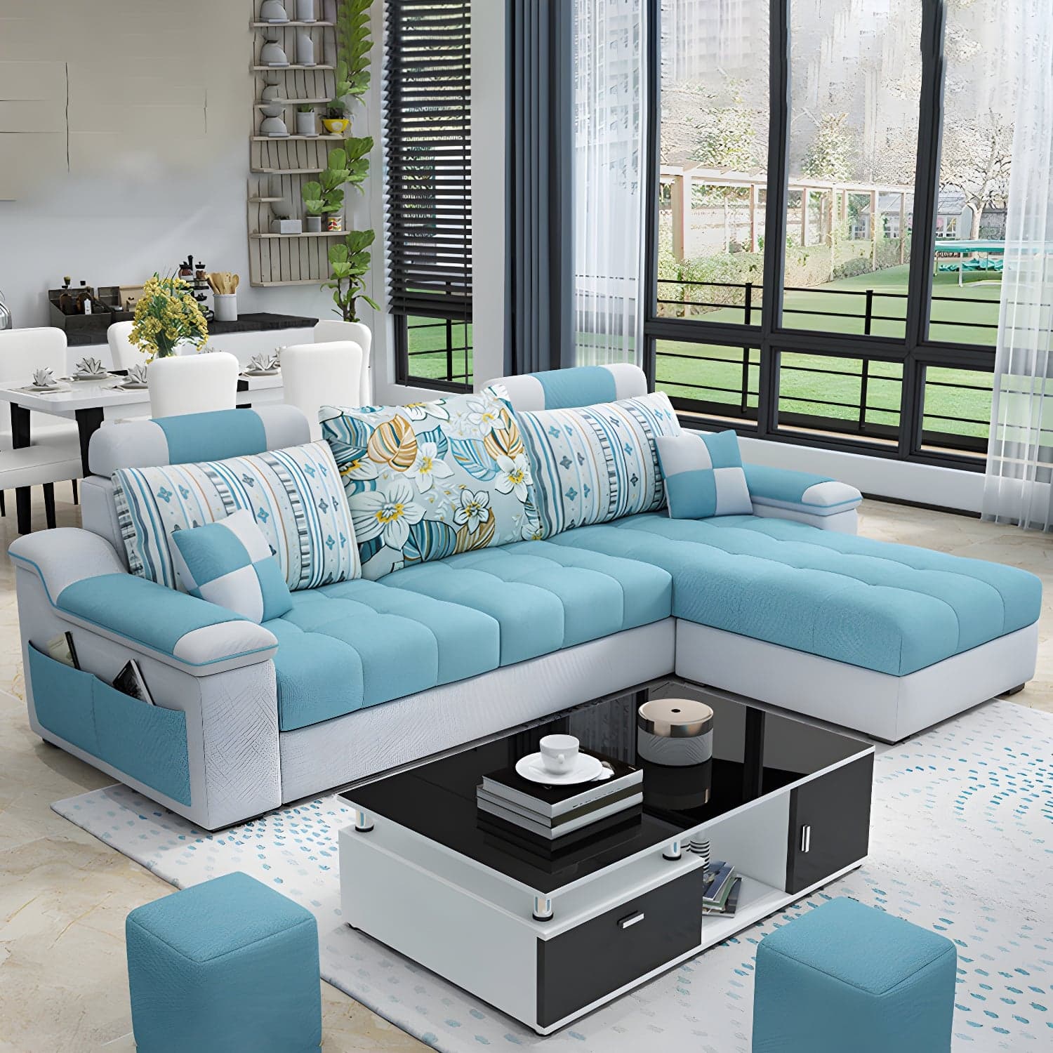 3-Seater Cotton Blend and Faux Leather L-Shape Sectionals Sofas