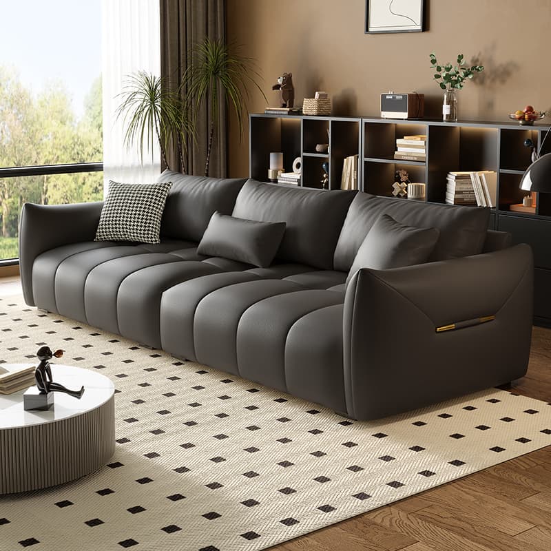 Contemporary Modern Solid Color Standard Sofa in Gray/Amber Color/Off-White for 3 with 3 Pillows