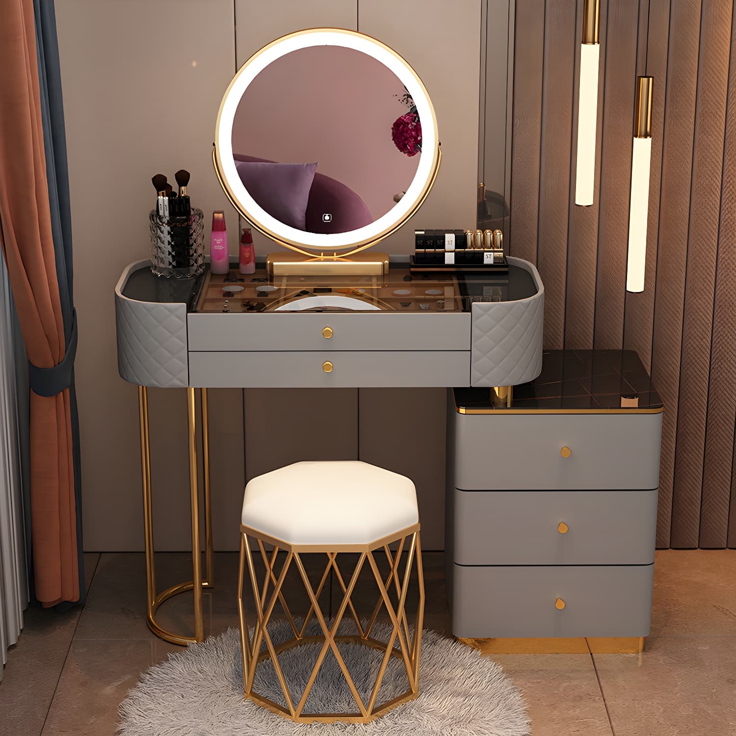 Lighted Mirror & Jewelry Makeup Vanity Metal Dressing Table Stool Set