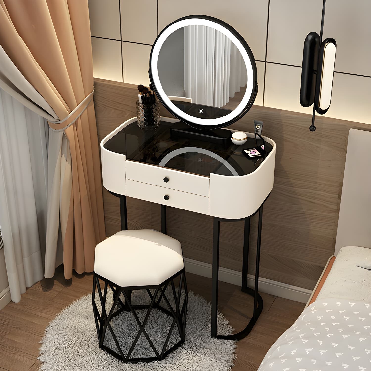 Contemporary Vanity Makeup Dressing Table Stool Set with Mirror
