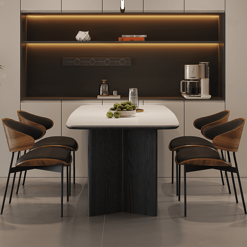 Minimalist Dining Table Set with Two-sided Pedestal, Fixed Table, Padded Chair with Back, and White Table Top