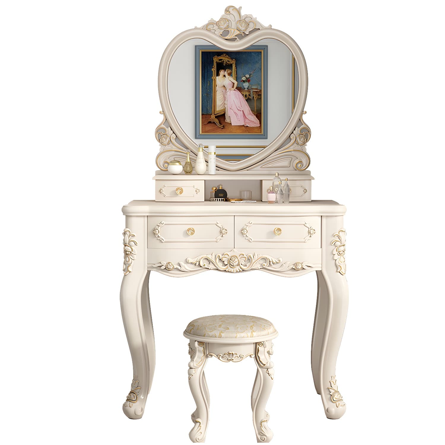 Elegant White Victorian Makeup Vanity Set with Wood Top & Mirror & Drawers & Upholstered Chair - image 5