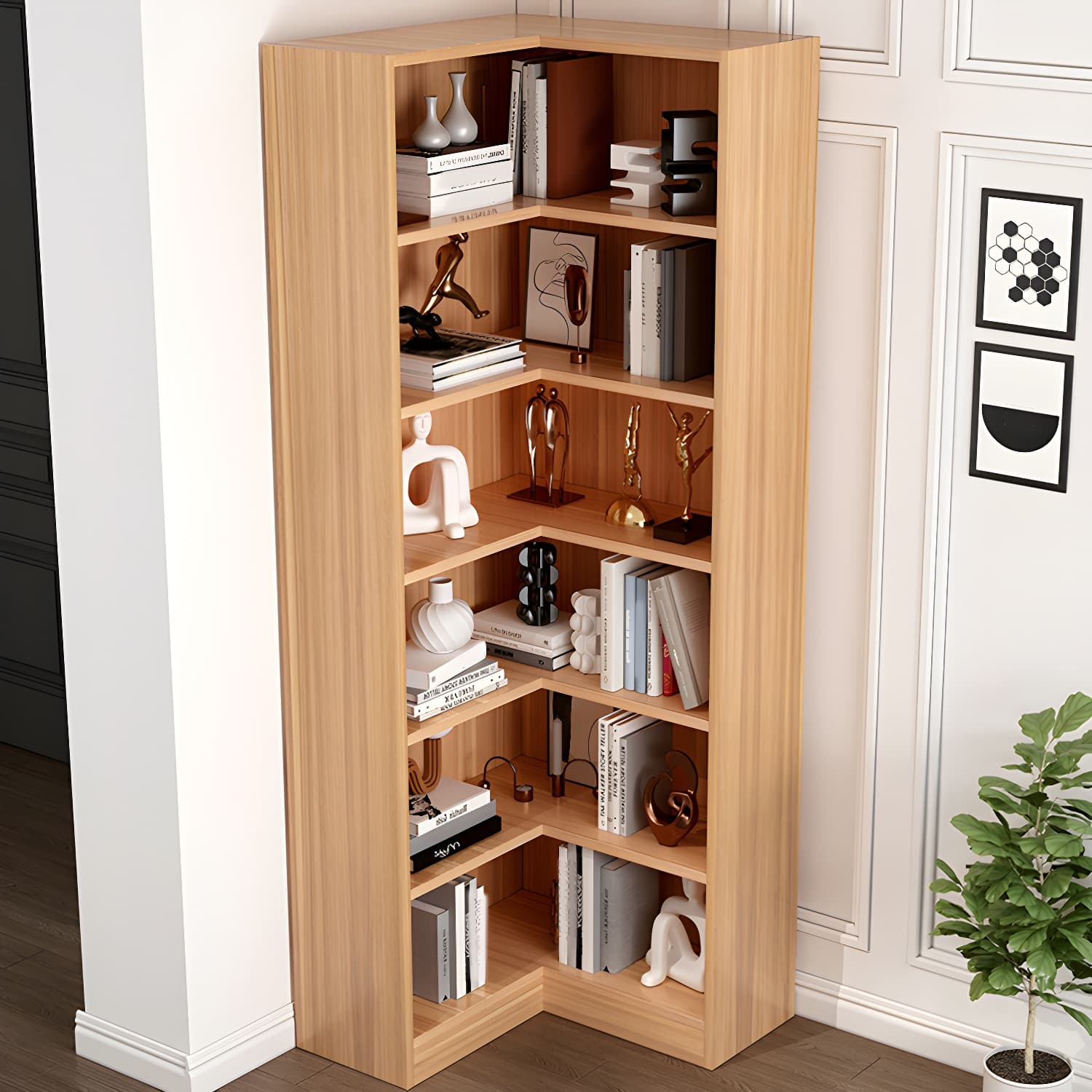 Corner Modern Accent Chest with Wood Counter Top and 6 Open Shelves without Drawers - image 7