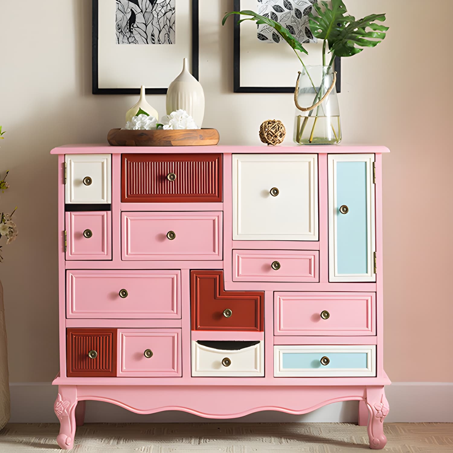 Industrial Painted Accent Cabinet with Drawers Solid Wood Chest - image 25
