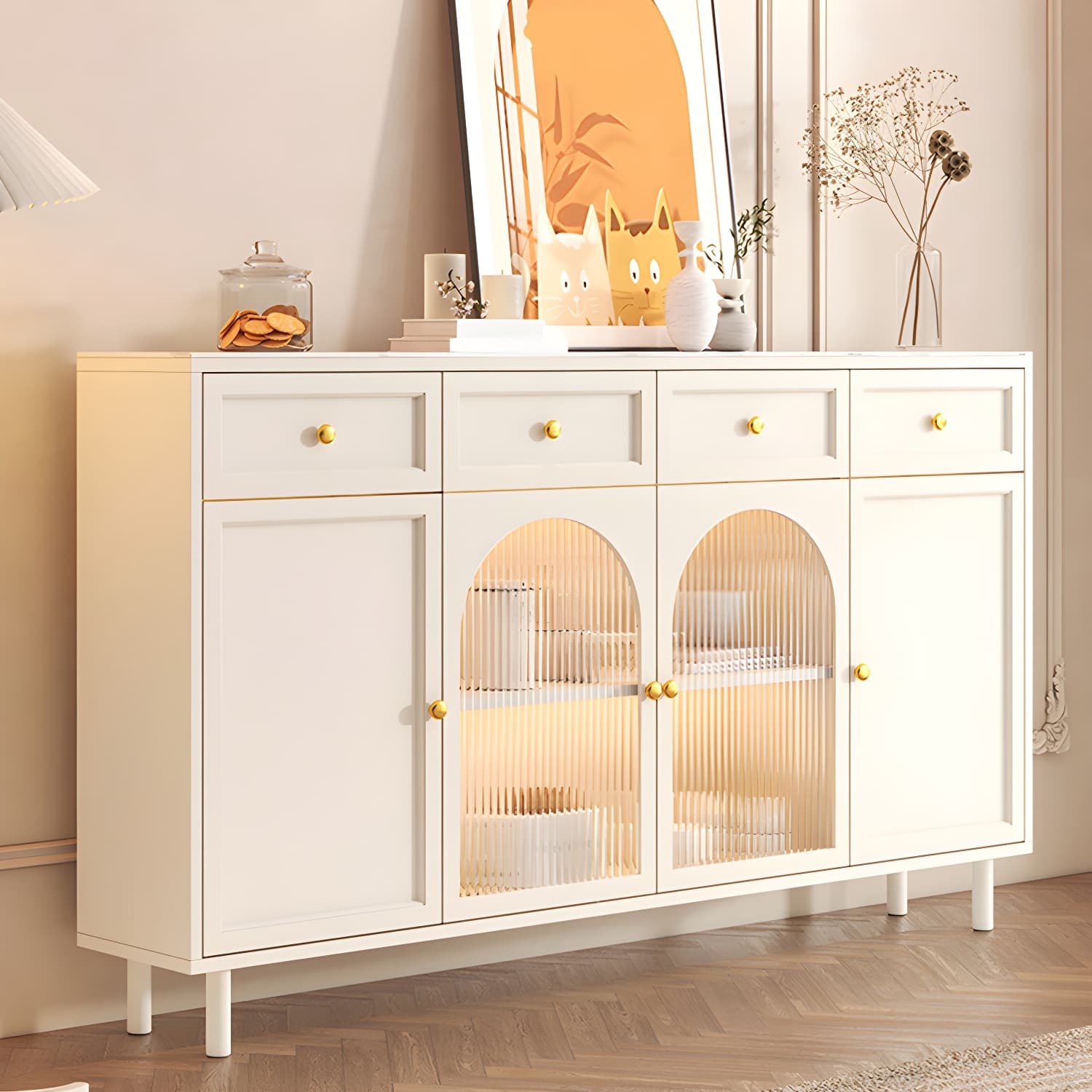 Wooden Buffet Server with Stone Countertop, Glass Doors, and Drawers - image 4