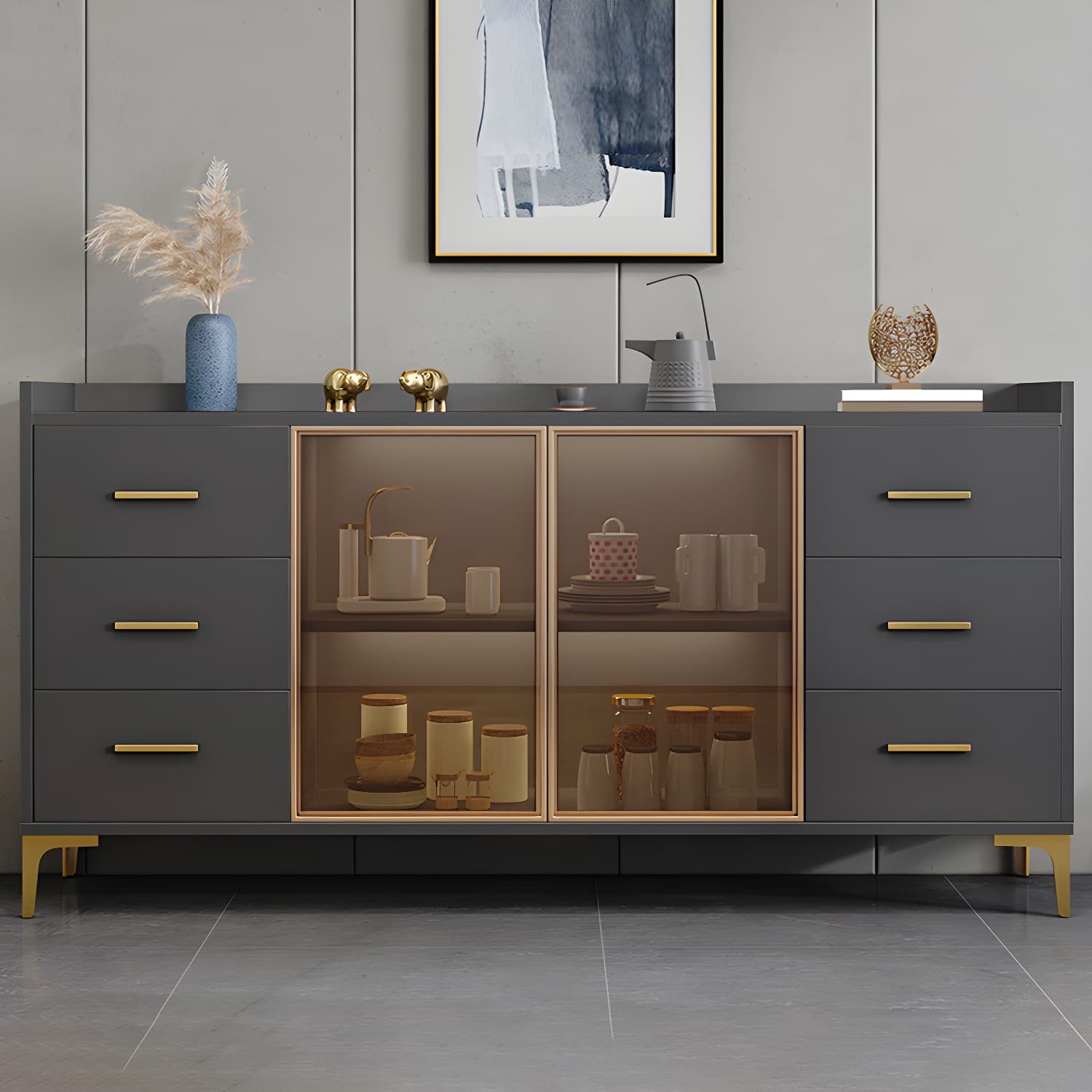 Wood Buffet Table Glam Style Side Board with Cabinets and Drawers - image 4