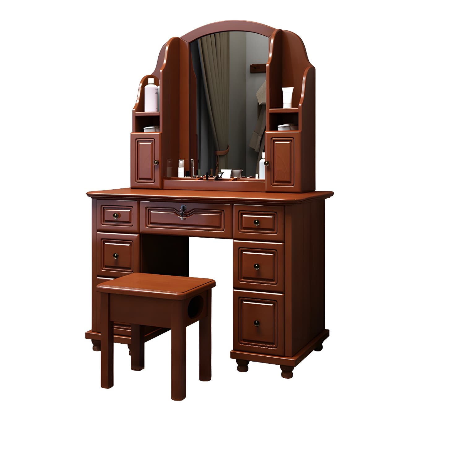 Traditional Solid Wood Makeup Dressing Table 60.23" H Vanity Set with Stool and Mirror - image 3